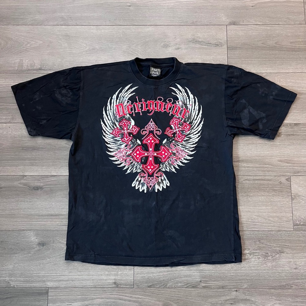 Direct Blue Mens 3XL Gothic Cross Wing Rhinestone Graphic T-Shirt Black Y2K